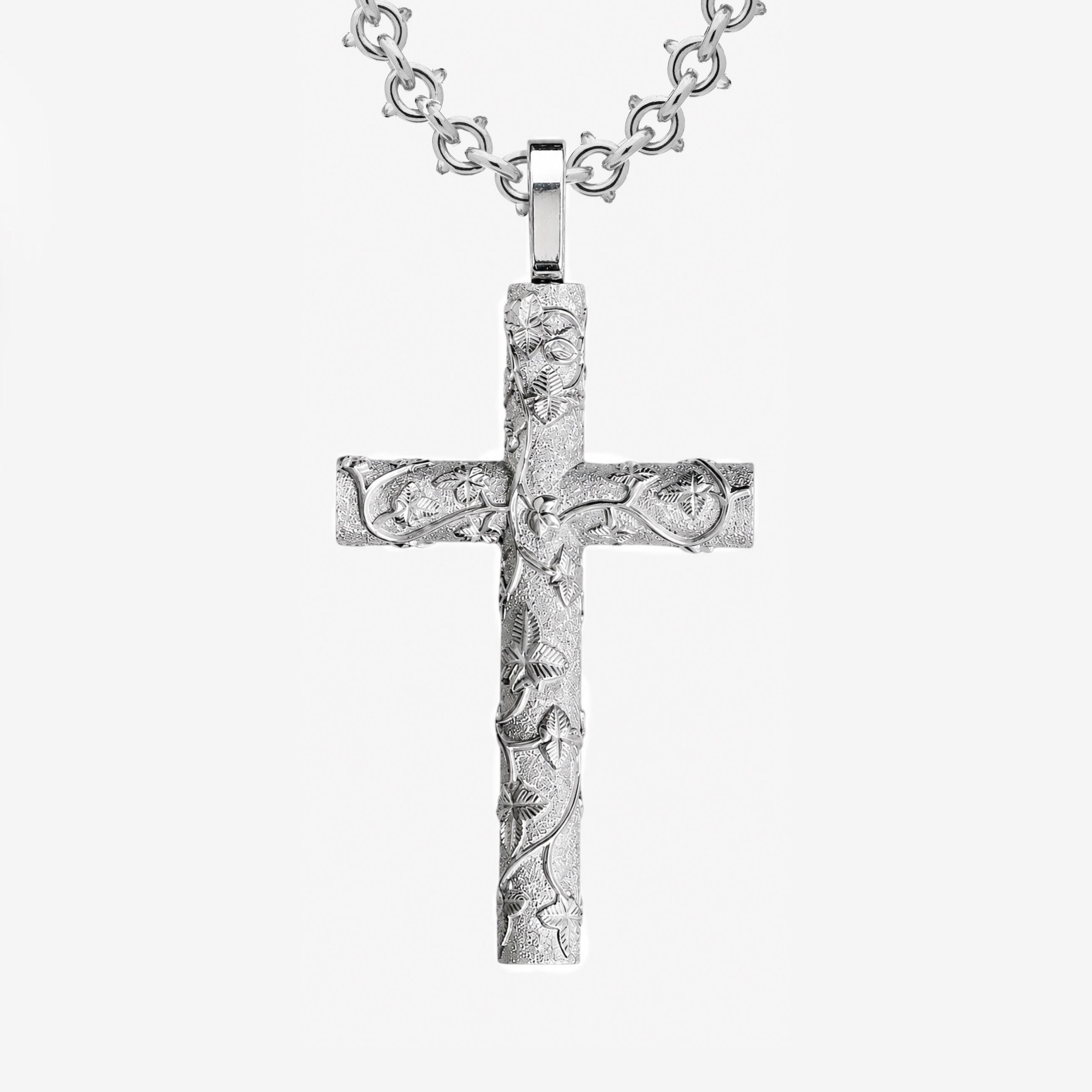 Heavy Solid Silver Frosted Vine Cross