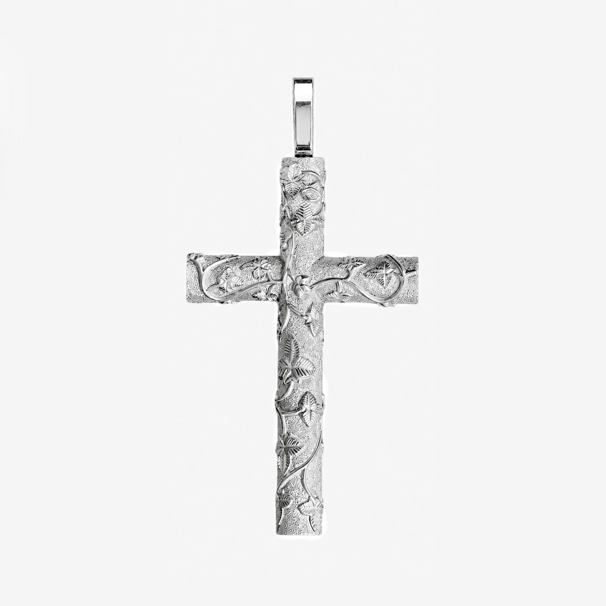 Heavy Solid Silver Frosted Vine Cross