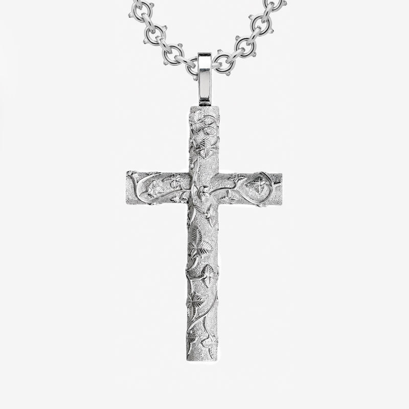 Heavy Solid Silver Frosted Vine Cross